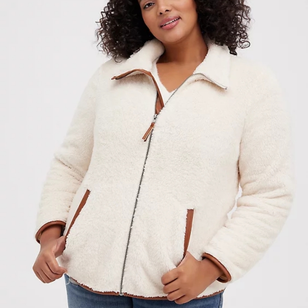 Torrid Faux Shearling Zip Front Trim Contrast Jacket - Picture 1 of 9